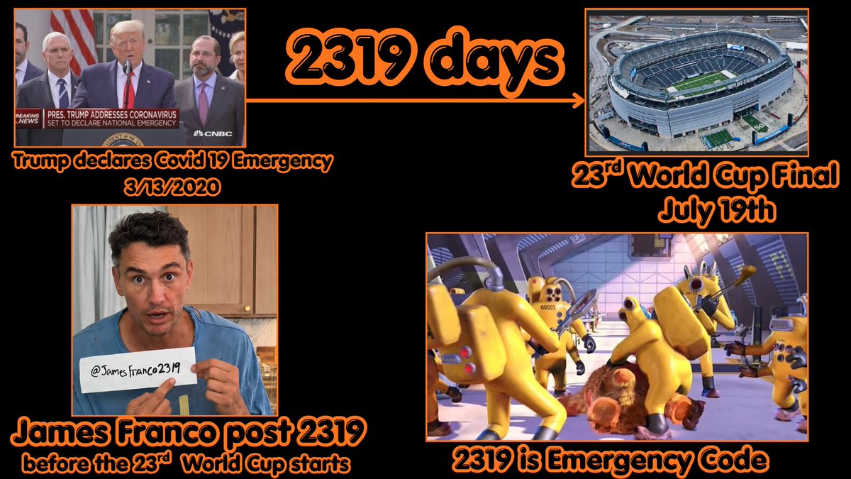 dekoding589's tweet photo. JAMES FRANCO'S strange 2319 post!

Franco posted 2319 just days before the World Cup starts. 

In Monsters Inc 2319 is an Emergency Code which involves Lockdown

Trump declared Covid 19 an Emergency 2319 days before the 23rd World Cup Final on 19th day

Video on my Youtube! https://t.co/6HrB3b8wn9