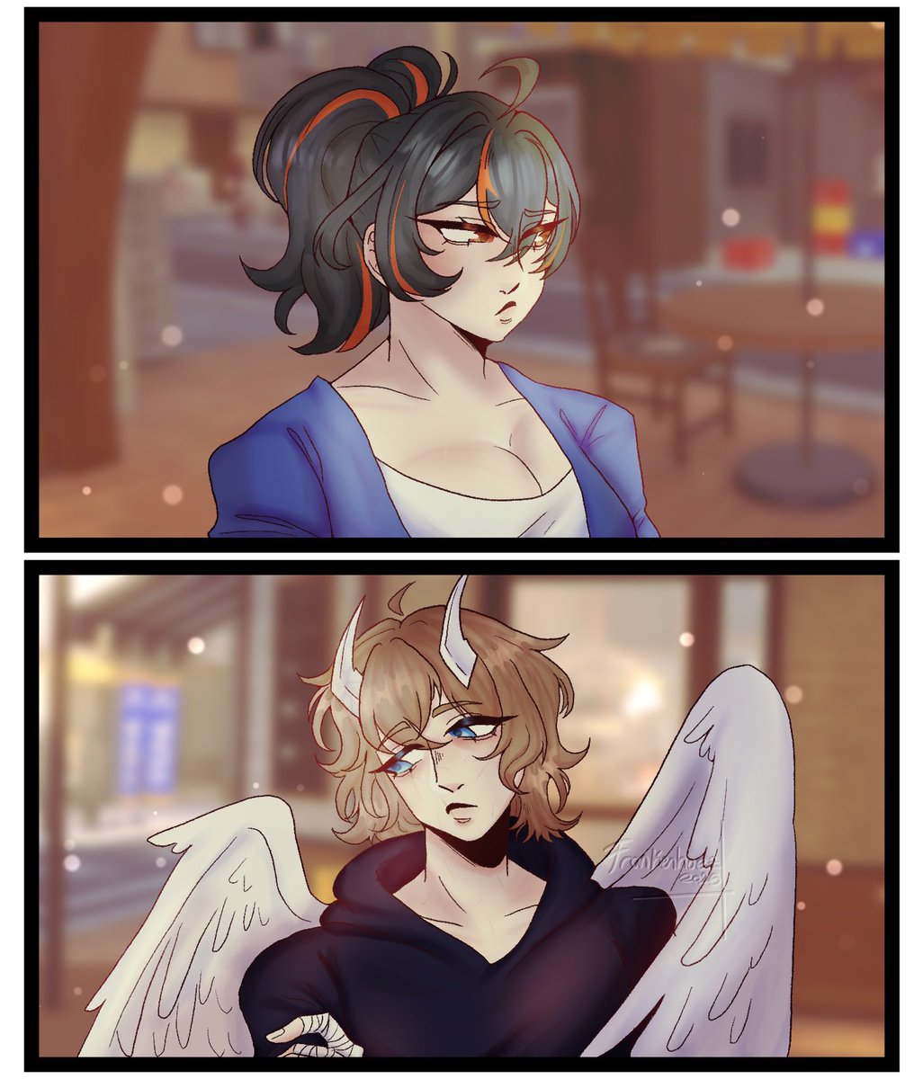 ThatAdamSeicho's tweet photo. A smol lore art of Adam and Zhu Yuan drawn by the wonderful @calamariihell 

they’re very awkward and embarrassed being around eachother

#zzzoc 
#ZenlessZoneZero 
#ship 
#ZhuYuan https://t.co/1v9oUPH1L0