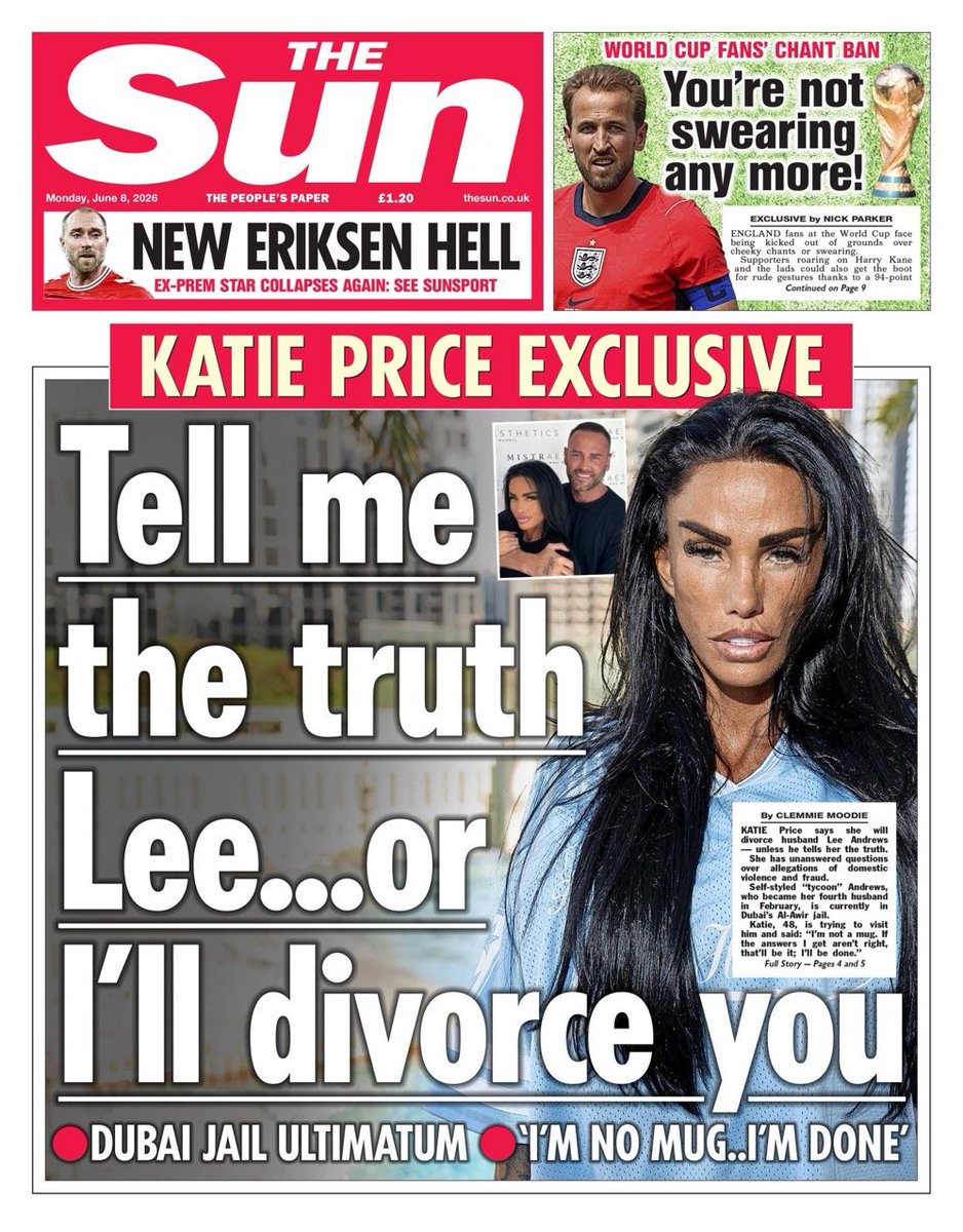 sentinelcurrent's tweet photo. The Sun
Katie Price threatens jailed husband with divorce over unanswered questions.
Monday 8 June 2026
A look at #TomorrowsPapersToday https://t.co/wG2VcODnsH