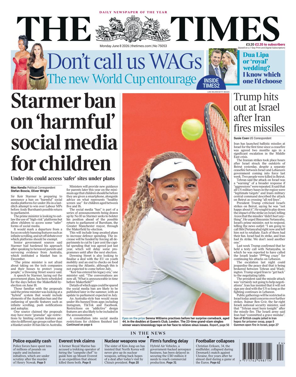 AndyGibsonTV's tweet photo. "STARMER BAN ON 'HARMFUL' SOCIAL MEDIA FOR CHILDREN"
@MaxKendix / @Stefan_Boscia / @Oliver_Wright for @TheTimes 

Sir Keir Starmer is preparing to announce a ban on “harmful” Social Media platforms for under-16s.

#TheTimes
#TomorrowsPapersToday https://t.co/xjs6ggwXkW