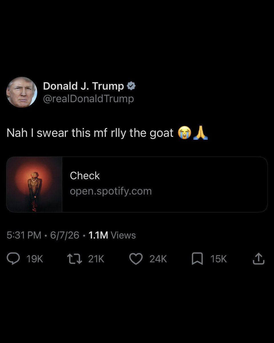 DailyNoud's tweet photo. Donald Trump posted a tweet sharing a link to a Young Thug song:

“Nah I swear this mf rlly the goat 😭🙏”

The tweet was quickly deleted. https://t.co/wIL27YX71X