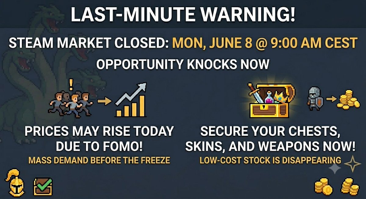 TaskBarHero_'s tweet photo. 🚨 LAST-MINUTE WARNING! Steam Market Opportunity Before Tomorrow's Closure 📉��� #TaskBarHero

Heads up everyone! You really want to pay attention to this if you're looking to save some coins for the future of the game!

As you already know, tomorrow, Monday at 9:00 a.m. CEST, the option to list new items for sale on the Steam Market will be temporarily disabled due to the anti-bot update.

💡 Why is NOW the time to buy?

It all comes down to pure speculation and last-minute urgency. Since everyone knows the market is freezing tomorrow, it is highly likely that item prices will start shooting up today before the closure even happens.

What does this mean?

FOMO Effect (Fear Of Missing Out): A lot of people are going to rush to buy chests, weapons, and skins in these final hours. With so much sudden demand right before the patch drops, current prices could start inflating today.

The time to secure your items is NOW: If you are missing a key item for your build, want to hoard some cheap chests, or are looking for that skin you've wanted so bad, make sure to buy it as soon as possible. The closer we get to 9:00 a.m. tomorrow, the less cheap stock will be left available.
Go check out the Steam Market before prices go crazy in the final stretch. Forewarned is forearmed! 🛡️

Are you going to grab something before the cutoff, or are you going to take a gamble and wait until everything reopens? Let me know below! 👇