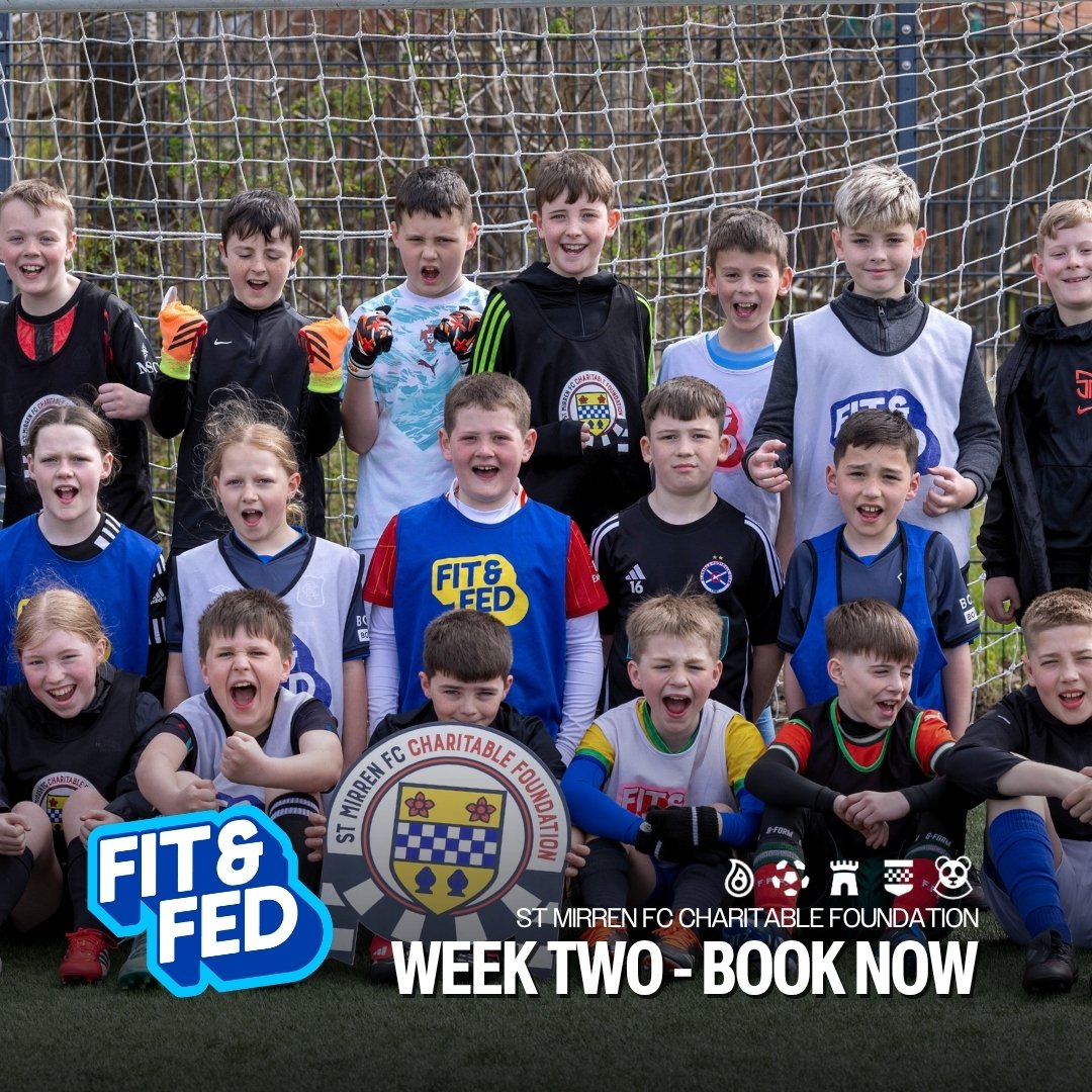 SMFC_CF's tweet photo. Our FREE Fit & Fed Summer Camp 2026 WEEK TWO booking links are now live! ☀️ 
 
Fit & Fed is always in high demand. PLEASE only book if your child will attend. 🙏🏻 To manage places fairly, all registrations will initially be placed on a waiting list. Families who are offered a place will then be contacted to confirm attendance. 
 
🗓️ Monday 13th July - Friday 17th July 
🕘 10am - 1.30pm, for ages 4-6 
🕘 10am - 3pm, for ages 7-12 
📍 Ferguslie Sports Centre, PA3 1EX
🔗 https://t.co/tMSB0VdB6k 
 
(For children ages 4 - 12 years) 
#FitAndFed #StMirrenCharitableFoundation #OurStMirren

@saintmirrenfc | @stmirrenwfc | @smisatrust | @SLOStMirren