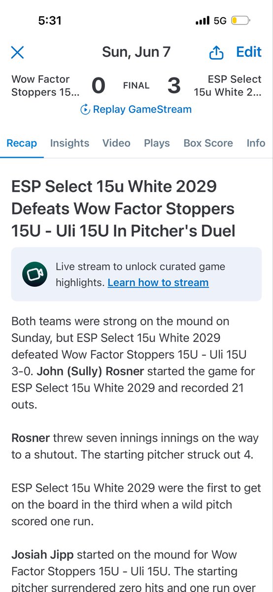 TaddGibby24's tweet photo. ESP 15u White moves to 4-0 on the weekend behind some stellar pitching performances.  They have outscored teams 25-4 so far! Lots of talent on this team that has been together for a few years.  Great coaching by JJ & Staff.  

Hollyfield 5IP 1H 2R W 
Darlington 4IP 1H 1R W
Rosner 7IP 1H CG SO 4K 1BB

That staff is on fire 🔥- great team effort and still playing pending weather delays. #ESPTrained #ESPFamily #TrustTheProcess #PitchingWinsChampionships #CoachFurmaniak #ChampionshipSunday #SundayFunday