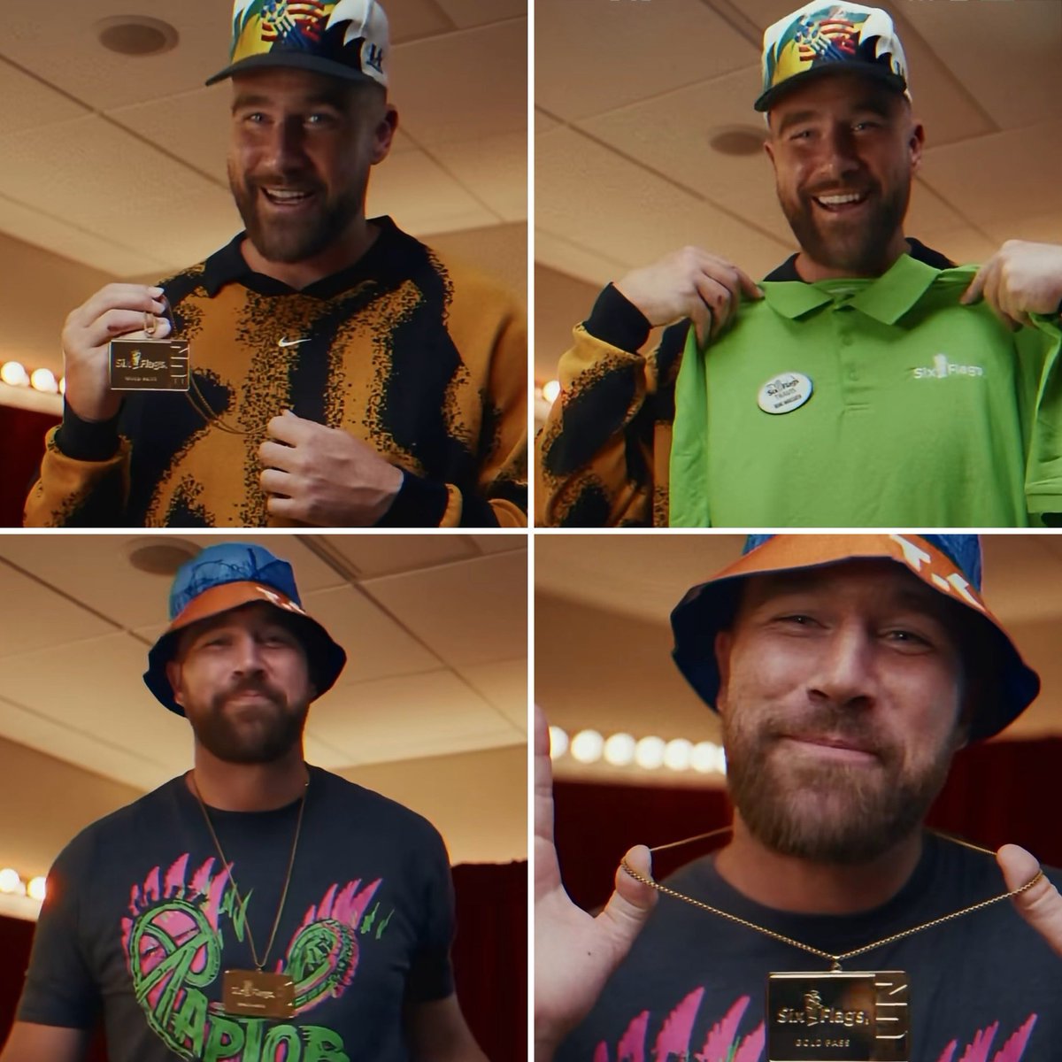 Farzin21's tweet photo. Travis Kelce showing off his brand ambassador apparel for Six Flags 🚩🎢

📸: Six Flags https://t.co/yTk4YjbC4j