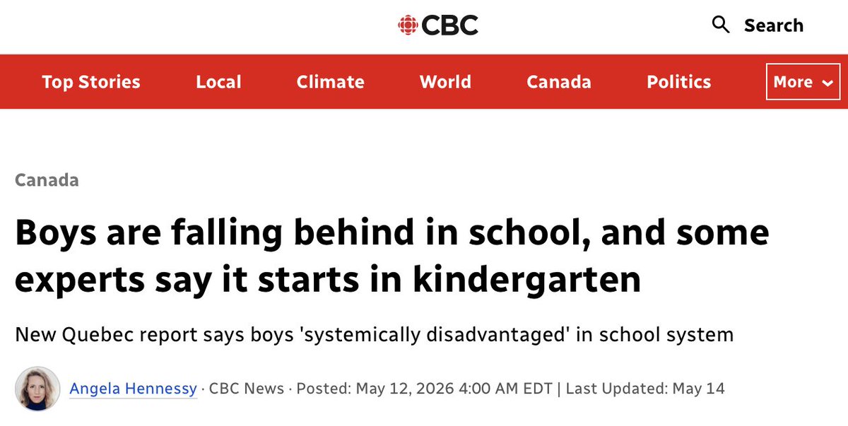 JamesLNuzzo's tweet photo. Quoting from one of my colleagues who shared this article: "Canadian Report recognizes that schools are not well suited to needs of boys and some gender warriors are fine with that."

Now, quoting from the article:
"The "boy crisis" has been widely reported on, but advocates and experts tell CBC there can still be a hesitancy to be seen propping up boys, given the existing inequalities for women in today’s society....

For Soraya Chemaly, the American author of All We Want Is Everything: How We Dismantle Male Supremacy, the "boy crisis" often only refers to areas where girls are doing well but doesn’t include the larger system of "male supremacy" in the workforce.

Despite some gains over the years, women remain in fewer management roles, holding 42.7 per cent of middle management and 30.8 per cent of senior management positions, according to Statistics Canada data from 2021.

Meanwhile, StatsCan reported in 2025 that women still only earned 88 cents for every dollar men earned.

"Regardless of how boys and men operate in school systemically, structurally in our societies, they still maintain power," Chemaly said. "So as long as that disconnect between performance and power is relevant, then investments in education become less and less important for boys.""