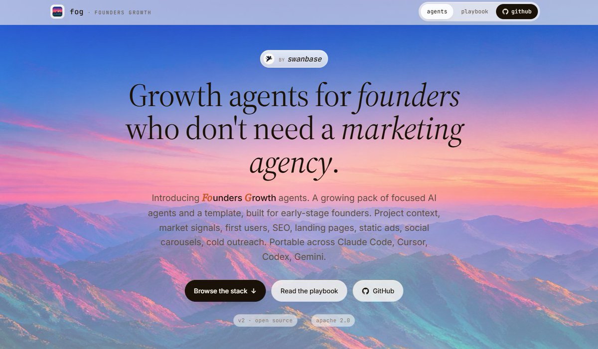 theositjar's tweet photo. 🐈‍⬛ fog agents 0.2 est là.

Tu peux demander à Claude de faire le travail d'une équipe marketing pour ta startup, tout seul, avec 8 agents IA : trouver tes clients, écrire tes pubs, auditer ton site.

Voici comment 👇 https://t.co/9es4KI7MSf