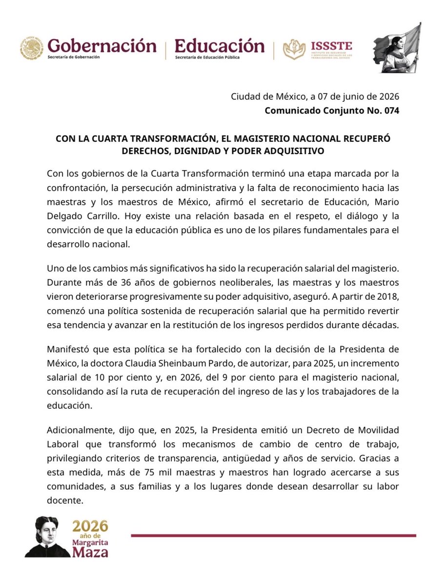 SEGOB_mx's tweet photo. #SEGOBInforma 📢
Con la Cuarta Transformación, el magisterio nacional recuperó derechos, dignidad y poder adquisitivo

Comunicado Conjunto: 📄 https://t.co/MSW3mGsnCP https://t.co/kaVBMhdKiM