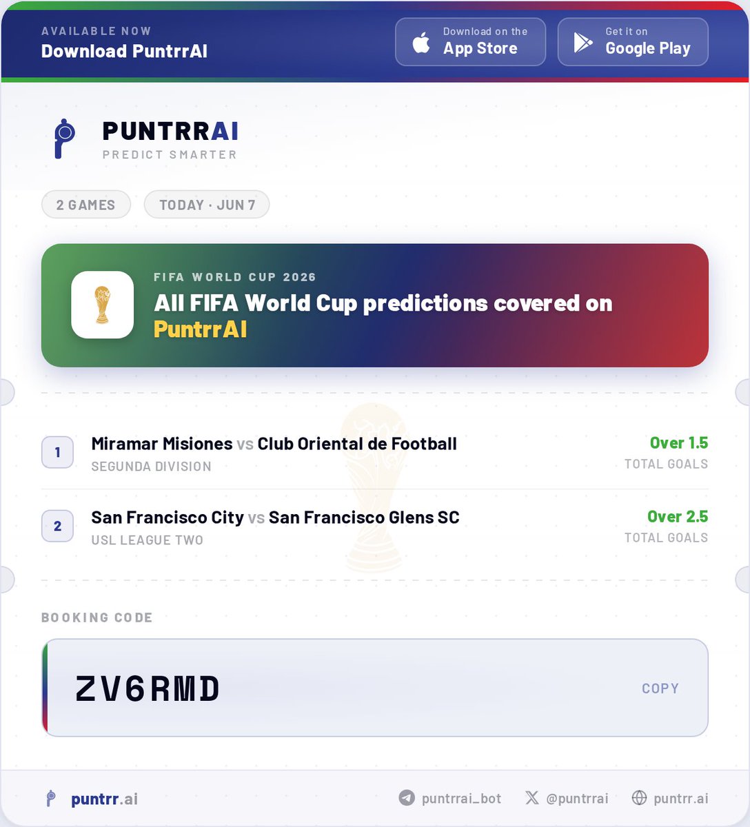 PuntrrAi's tweet photo. @regiumink @sportxanalytics 🎯 Optimized Bet for ZTCB6P
📋 2 Games | 2.0x Odds | Sportybet
📌 Code: ZV6RMD
❌ 17 game(s) removed

📲 Download our app at https://t.co/u2E1fdxzd6 or check out our Telegram: https://t.co/Xe5YeZDKBK https://t.co/yl52ncqdRH