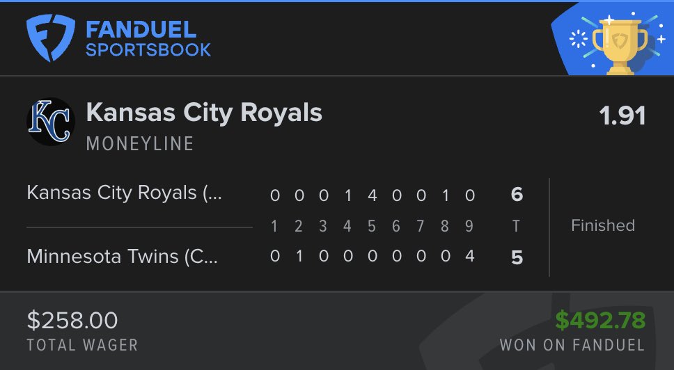 ParlayHawk's tweet photo. CASH THE MLB MONEYLINE POTD ⚾️✅

✅ Kansas City Royals ML

Royals got a solid lead and then closed out in the 9th for us, let’s goo!

Congrats if you tailed. All love from my end 💚 https://t.co/lXe2t4HmaZ