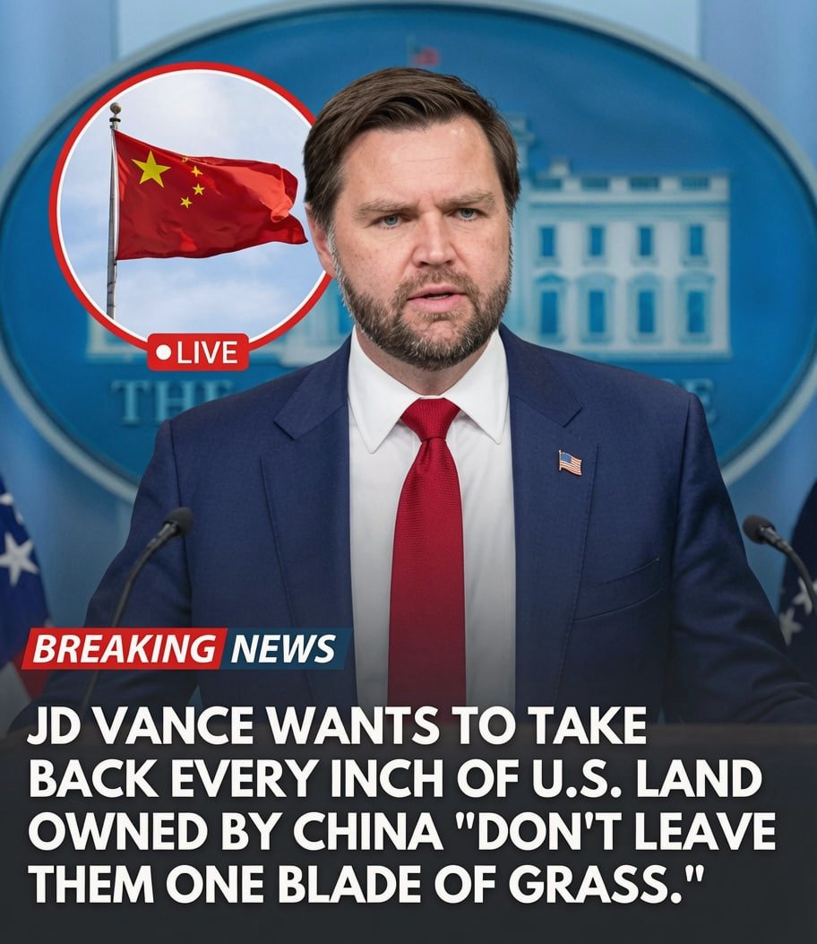 RedEagleUpdates's tweet photo. 🚨 President Trump’s VP J.D. Vance just dropped a hammer: “Take every square inch of U.S. farmland back from China. Don’t leave them with a single blade of grass!”

America’s food supply is national security — not for sale to our biggest adversary.

Do you stand with J.D. Vance?

A. YES — Reclaim it all  
B. NO — Let China keep it