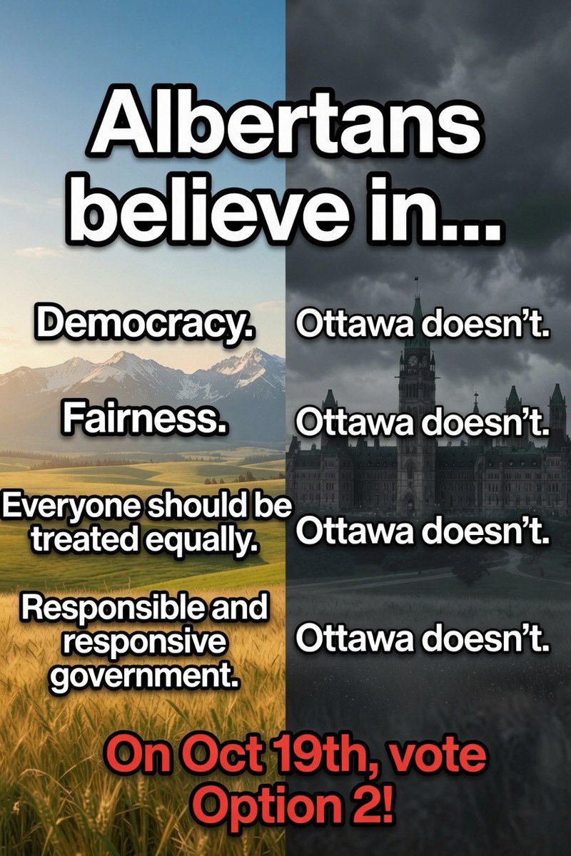 johnwtomkinson's tweet photo. Albertans believe in democracy.
Ottawa doesn’t.

Albertans believe in fairness.
Ottawa doesn’t.

Albertans believe that everyone should be treated equally.
Ottawa doesn’t.

Albertans believe in responsible and responsive government.
Ottawa doesn’t.

In Oct 19th, vote Option 2! https://t.co/HJ7vYJlRBc