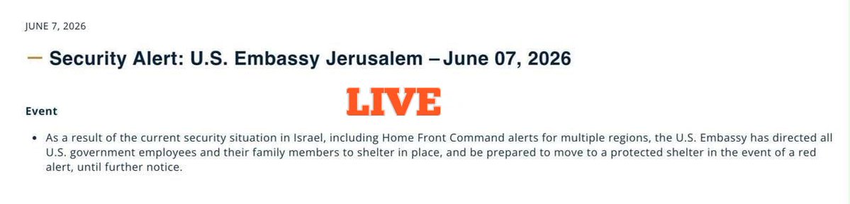 ClavedeSole's tweet photo. La Embajada de #EEUU en Yerushalayim ha ordenado a todos los empleados del gobierno y sus familiares refugiarse en el lugar hasta nuevo aviso.
La alerta se emitió debido a la situación actual de seguridad en #Israel incluyendo alertas del Home Front Command en múltiples regiones https://t.co/ycnVZ6A6bY