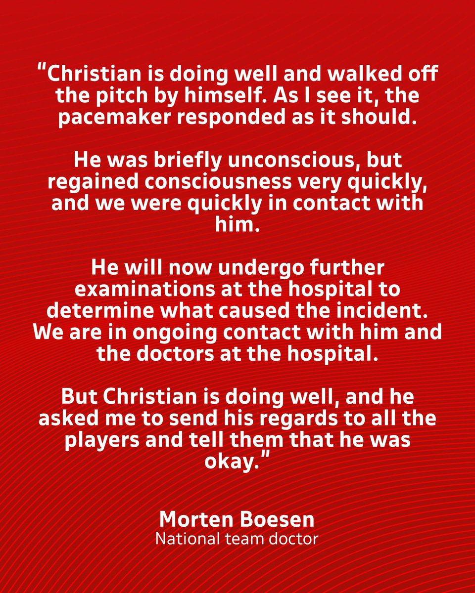 FaktaSepakbola's tweet photo. Laga persahabatan Denmark vs Ukraina dihentikan setelah Christian Eriksen kolaps di tengah pertandingan.🇩🇰🇺🇦

Para pemain dari kedua tim langsung berkumpul di lapangan saat Eriksen mendapat penanganan medis sebelum dibawa keluar.

Federasi Sepak Bola Denmark mengonfirmasi bahwa Eriksen dalam kondisi sadar dan stabil sesuai situasi yang terjadi. Pertandingan resmi dibatalkan.

Get well soon, Eriksen!❤️