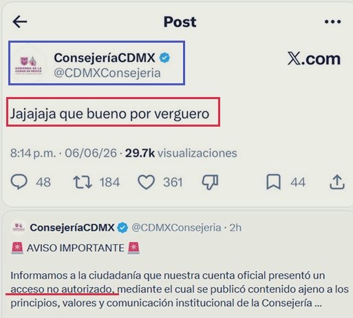 Piniisima's tweet photo. La cuenta de la Consejería Jurídica de la CDMX quiere hacer pasar por un supuesto hackeo lo que postearon.

La verdad es que la mayoría de empleados les exigen usar MULTI-CUENTAS para acosar, silenciar y amplificar si propaganda en redes.😌

Que fácil decir “me hackearon” no?🤭 https://t.co/vICt7RczWg