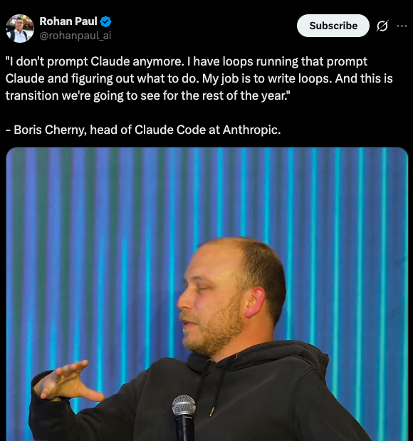 Hesamation's tweet photo. OpenAI and Anthropic are making this happen fast. "Loop Engineering" seems to be the industry's next goalpost for SWEs.

2024: use AI as a tool for coding 
2025: prompt AI to code for you
2026: prompt the AI that prompts the AI that codes

and if you think this won't work because it's a token burner or that taking the dev more out of the loop would create exponential "slop," the industry and its recent layoffs proved they're not looking for what's the "right" approach as long as everyone else is doing it.

makes you wonder what the next goalpost is for companies to convince their existing developers that they matter until we get to the point that they decide hiring a dev, even WITH AI skills, isn't needed either because AI can go one step further and do their job.