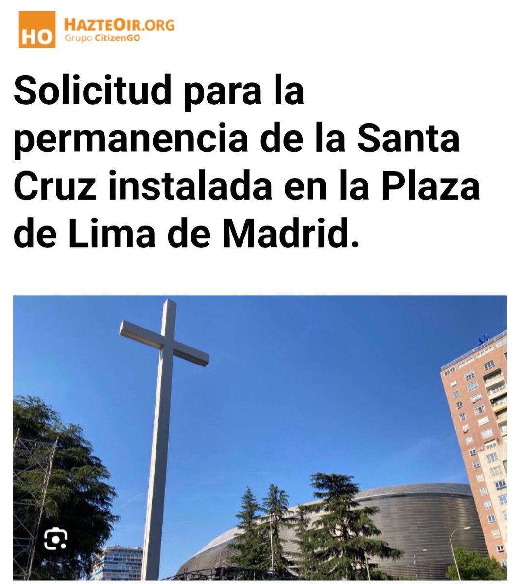hazteoir's tweet photo. 🚨 URGENTE

⌛ NOS QUEDA MUY POCO TIEMPO

✝️ En unas horas el alcalde @AlmeidaPP_ va a retirar la Santa Cruz instalada en la Plaza de Lima de Madrid con motivo de la visita del Papa León XIV.

🤔 ¿Por qué retirar una Cruz que une a miles de madrileños y recuerda nuestras raíces cristianas?

👉 Pide al Ayuntamiento que la mantenga de forma permanente: ¡Únete a los más de 17.000 españoles que ya han firmado esta campaña de presión!

📱 ¡FIRMA AHORA y PÁSALO!

✍️ Firma aquí:
https://t.co/aJ3pxLNCi9