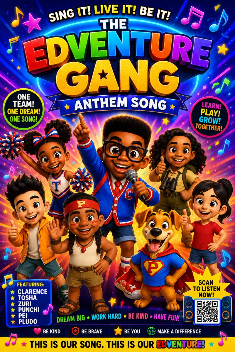 EdvenClarence's tweet photo. 🎵🌟 The Edventure Gang Anthem Song is here! Join Clarence, Tosha, Zuri, Punchi, Pei, and Super Dog Pludo in this exciting musical adventure filled with friendship, teamwork, learning, and fun. Sing along with the Edventure Gang as they inspire kids to dream big, be kind, stay brave, and make a difference every day. This colorful, family-friendly anthem celebrates imagination, confidence, positivity, and the power of working together.

Perfect for children ages 4 and up, this catchy song combines vibrant animation, upbeat music, lovable characters, and educational messages that encourage kids to learn, play, grow, and explore. Whether you're watching on YouTube, streaming with friends, or singing at home, the Edventure Gang Anthem is a fun-filled experience the whole family can enjoy.

Keywords: Edventure Gang Anthem Song, Clarence and The Gang, kids music video, children's anthem, family friendly songs, educational cartoons, kids animation, positive songs for children, preschool music, teamwork for kids, friendship songs, learning through music, kids entertainment, sing along songs, adventure cartoons, Super Dog Pludo, Tosha, Zuri, Punchi, P