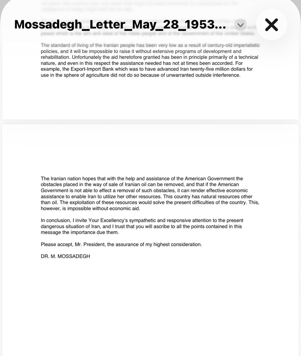 BB_Goal's tweet photo. Here’s the full text of Mossadegh’s May 28, 1953 letter to President Eisenhower as reproduced in historical publications:

The letter proves the U.S. not only didn’t stage any coup against Mossadegh but also helped it financially to survive. But the left still lies. It was the Iranian people who were done with Mossadegh’s anti-democracy actions, including closing the newspapers and the parliament because the members had voted against him, and getting close to the Soviet Union. They overthrew Mossadegh with the help of the Iranian army in 1953. But Hollywood still lies with the help of the leftists of the world! Why? Because all leftists are the mercenaries of the British government, and the British staged a fake revolution to steal the Iranian oil money. Don’t ever forget that the leftists in the U.S. Congress didn’t stand up for the president of the United States but stood up for several minutes for the British king in the 250th anniversary of the United States independence from the British government.