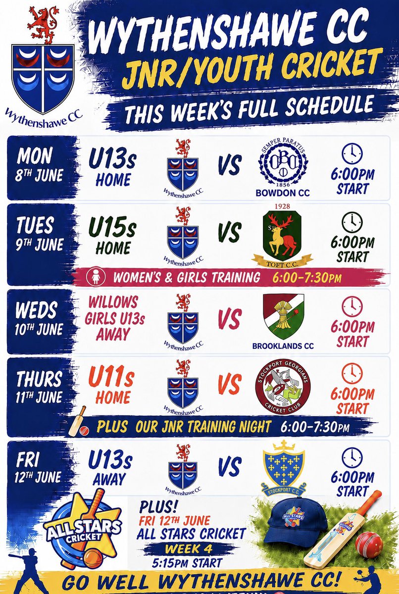 wythycc_sports's tweet photo. Another awesome full schedule of junior/youth cricket for Wythenshawe CC’s boys &amp; girls this coming week!
Hoping the weather plays fair 🏏🤞☀️
Let’s go Wythenshawe!! 🏏🌟 https://t.co/fNPZGyy99u