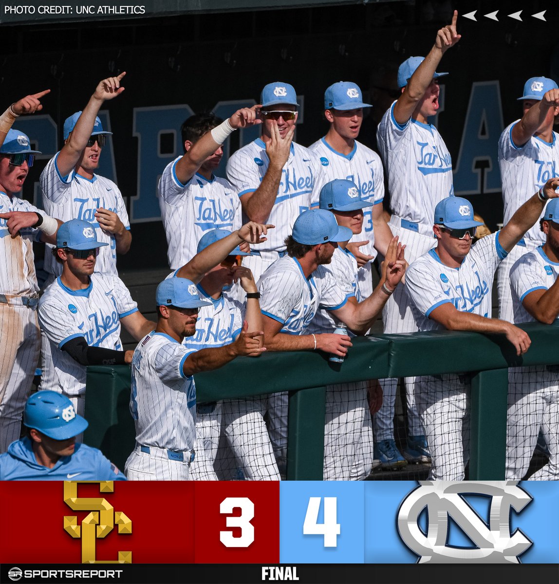 SRTarHeel's tweet photo. NORTH CAROLINA IS HEADED TO OMAHA!!! 🏆⚾️ 

The Tar Heels punch their ticket to the College World Series with a dramatic walk-off win over USC! 

See you in Omaha, Tar Heel Nation. 🐏🔥 https://t.co/bQyeVhv8RX
