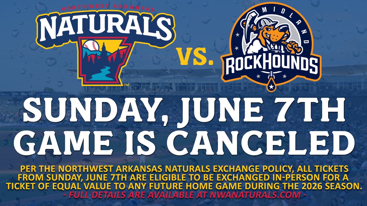 nwanaturals's tweet photo. Today’s game between the Naturals play the Midland RockHounds has been canceled due to rain. The two teams do not meet again during the first half of the 2026 Texas League season.

📰: https://t.co/qhfNjcLz7j https://t.co/UO0efPa2o8