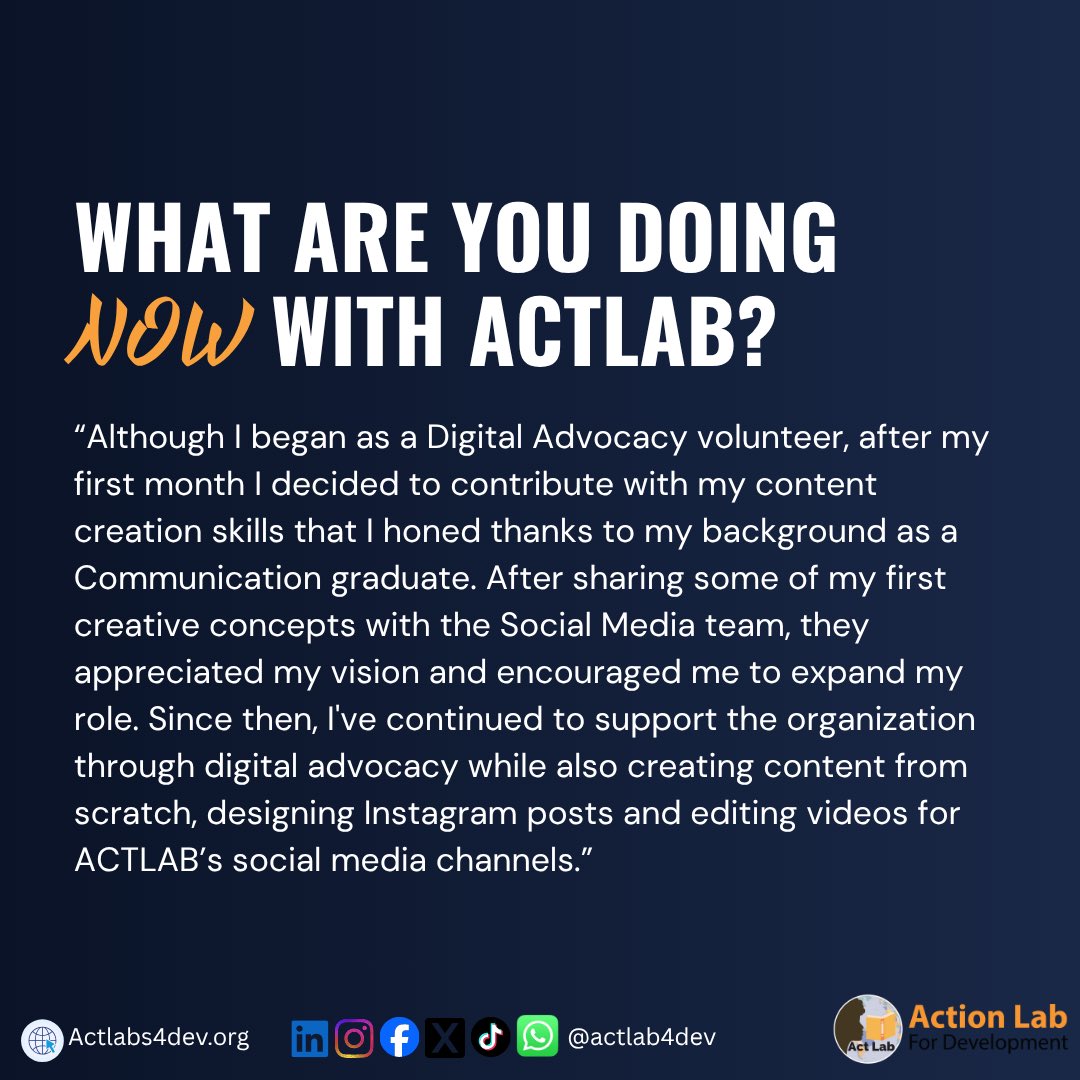 ActLab4Dev's tweet photo. Happy #SpotlightSunday, everyone! This week, Cindy-Lucía Bengono Obono, a volunteer working with both the Digital Advocacy and Social Media Teams! Click through to read more about Cindy’s experience working such a versatile role!
#ACTLAB #VolunteerSpotlight #SocialMedia https://t.co/LRpTO7LiLi