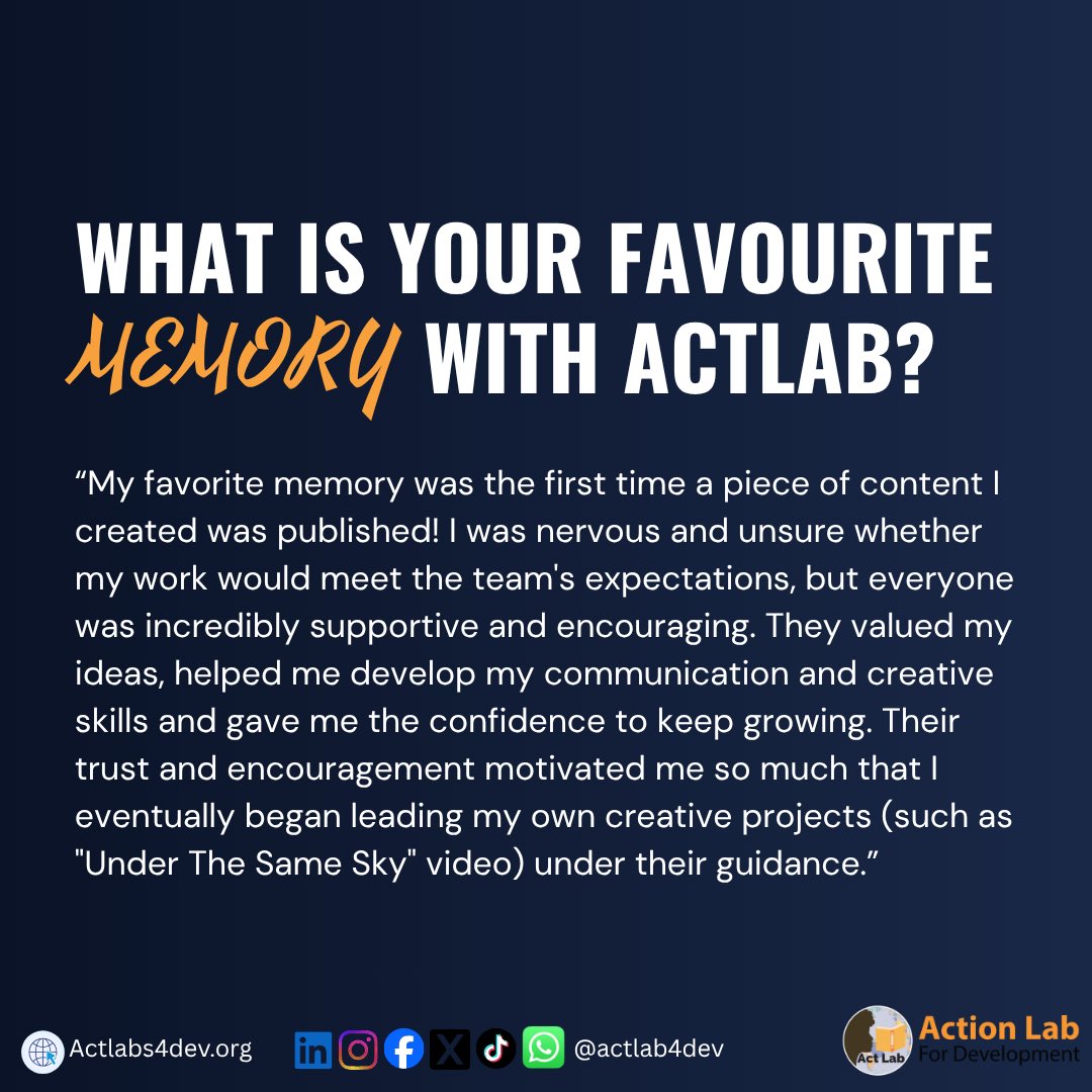 ActLab4Dev's tweet photo. Happy #SpotlightSunday, everyone! This week, Cindy-Lucía Bengono Obono, a volunteer working with both the Digital Advocacy and Social Media Teams! Click through to read more about Cindy’s experience working such a versatile role!
#ACTLAB #VolunteerSpotlight #SocialMedia https://t.co/LRpTO7LiLi