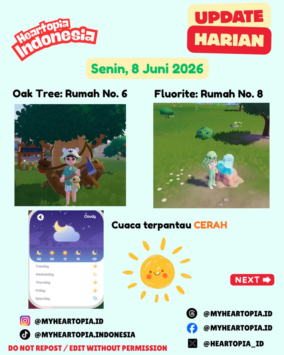 Heartopia_ID's tweet photo. Update Harian: Senin, 8 Juni 2026 🌞

#heartopia #heartopiaindonesia #heartopiagame https://t.co/12rxo1NskF