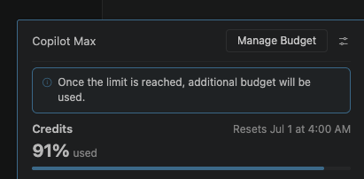 naji_dev's tweet photo. just upgraded my @GitHubCopilot  account to Copilot Max on the 1st… it’s ONLY the 8th and i’m already 91% credits used WTF 😤📷10260 credits completely torched in a session. resets july 1st but this is actually ridiculous, @Microsoft  got me fucked up with this ai addiction fr https://t.co/JboKWp0hWS