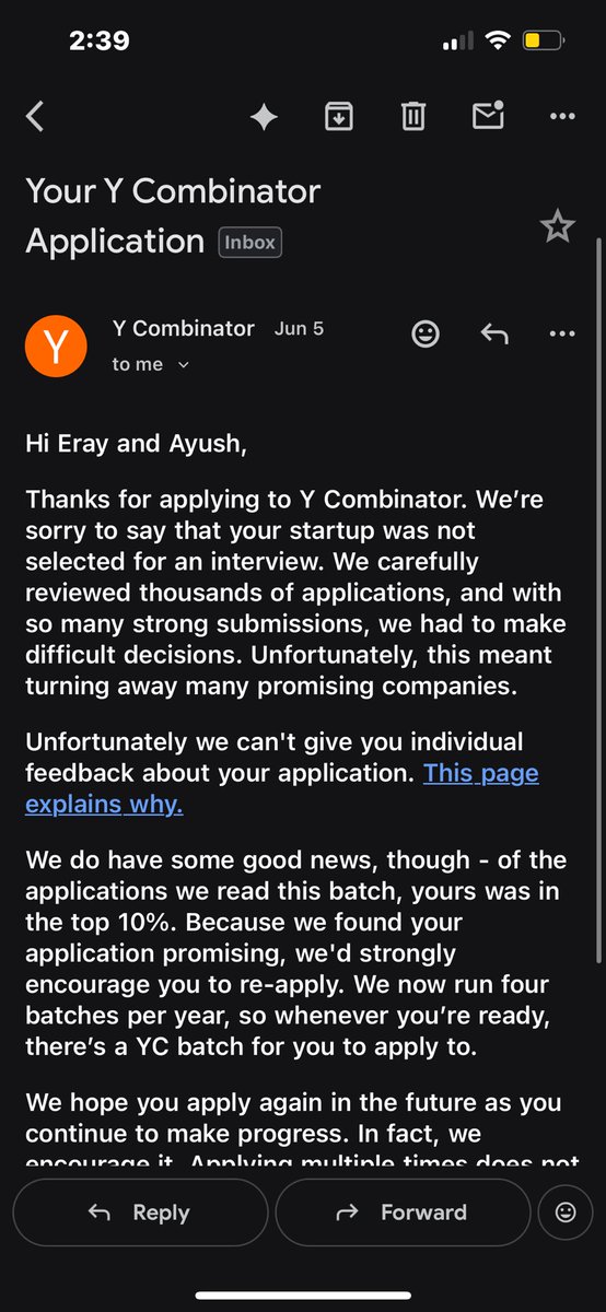 ayushpx's tweet photo. Got rejected from YC.

First time applying, so I’m not sure whether the “top 10%” note is real or just part of the process.

Either way, nothing changes.

The focus remains the same: solve a real problem, build something people want, and keep moving forward. Everything else is noise.