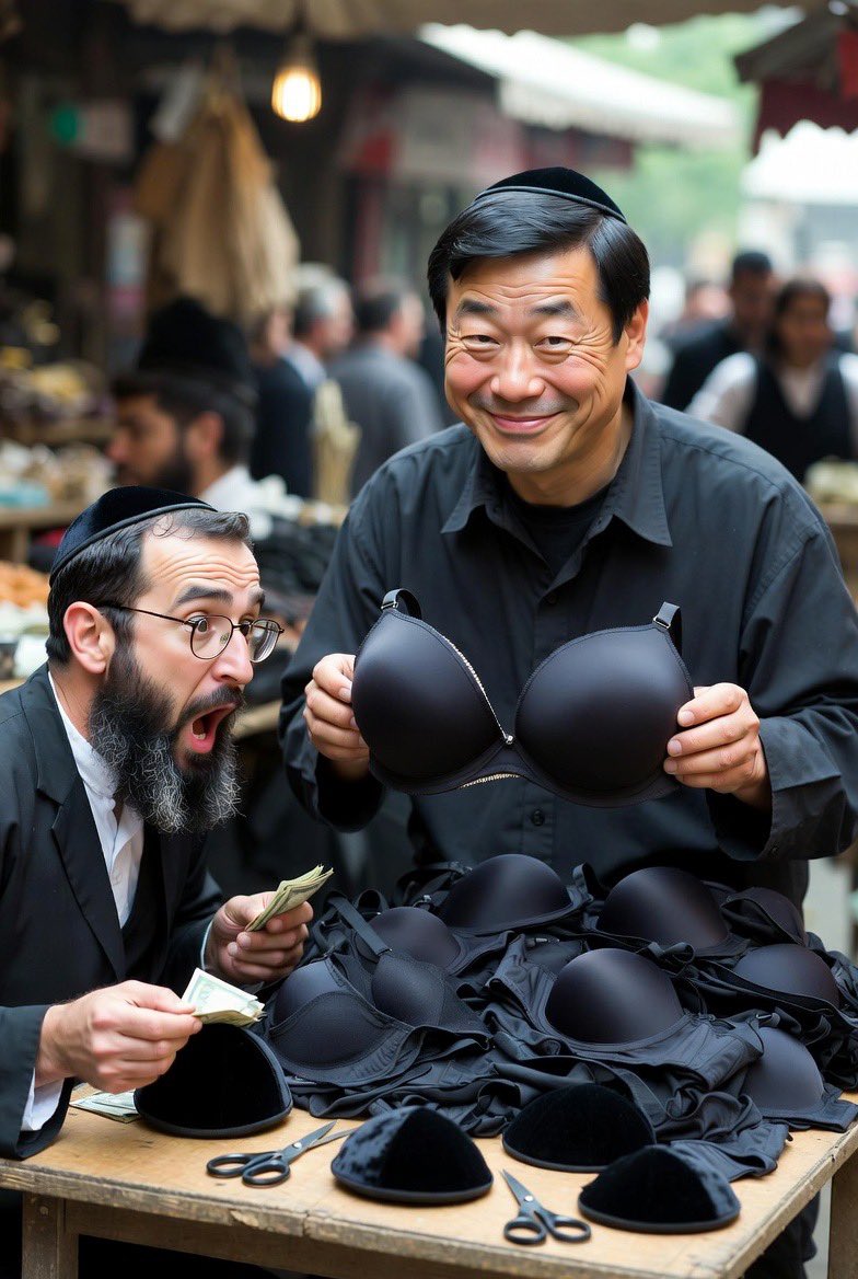 Boldyboy1975's tweet photo. A Chinese guy goes into a Jewish-owned establishment to buy black bras, size 38DD. The Jewish store keeper, known for his skills as a businessman, says that black bras are rare and that he is finding it very difficult to buy them from his suppliers. Therefore he has to charge £50 for them.

The Chinese guy buys 25 pairs. 

He returns a few days later and this time orders fifty. 

The Jewish owner tells him that they have become even harder to get and charges him £60 each.

The Chinese guy returns a month later and buys the store's remaining stock of 50, and this time for £75 each.  

The Jewish owner is somewhat puzzled by the large demand for black size 38DD bras and asks the Chinese guy, "...please tell me - What do you do with all these black bras?"

The Chinese guy answers: "I cut them in half and sell them as skull caps to you Jews for £200 each."🤣🤪🤣