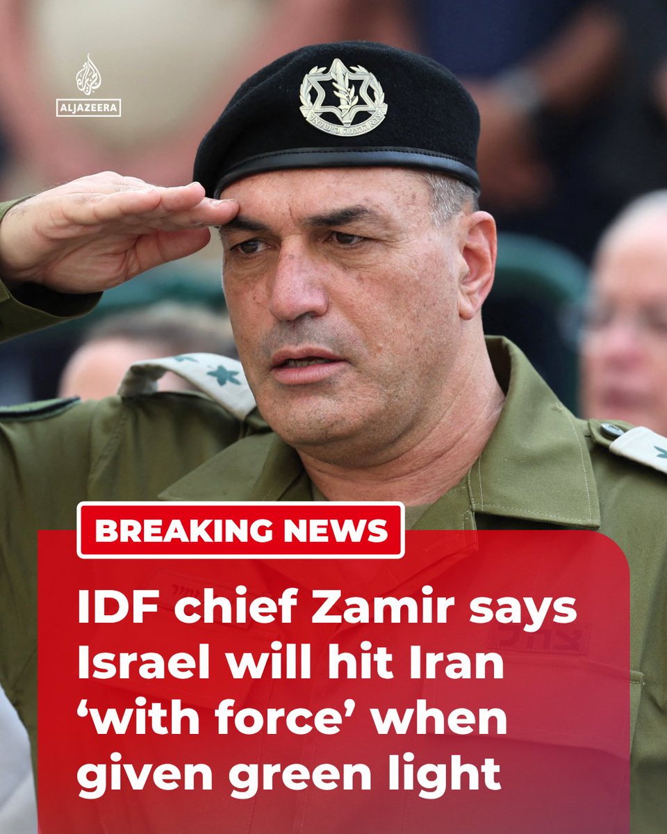 AJENews's tweet photo. BREAKING: Israeli military chief Eyal Zamir vows the army will strike Iran “with force” as soon as it receives the green light, after the Islamic republic fires missiles at Israel.

🔴 More on https://t.co/5H0QqpfIYw https://t.co/hMTQxUXZ3N