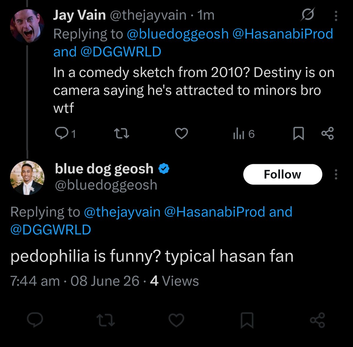 thejayvain's tweet photo. @bluedoggeosh @HasanabiProd @DGGWRLD "Destiny is on camera saying he's attracted to minors" clearly was just something not worth addressing I guess but block away https://t.co/Gn0oKrjpmT