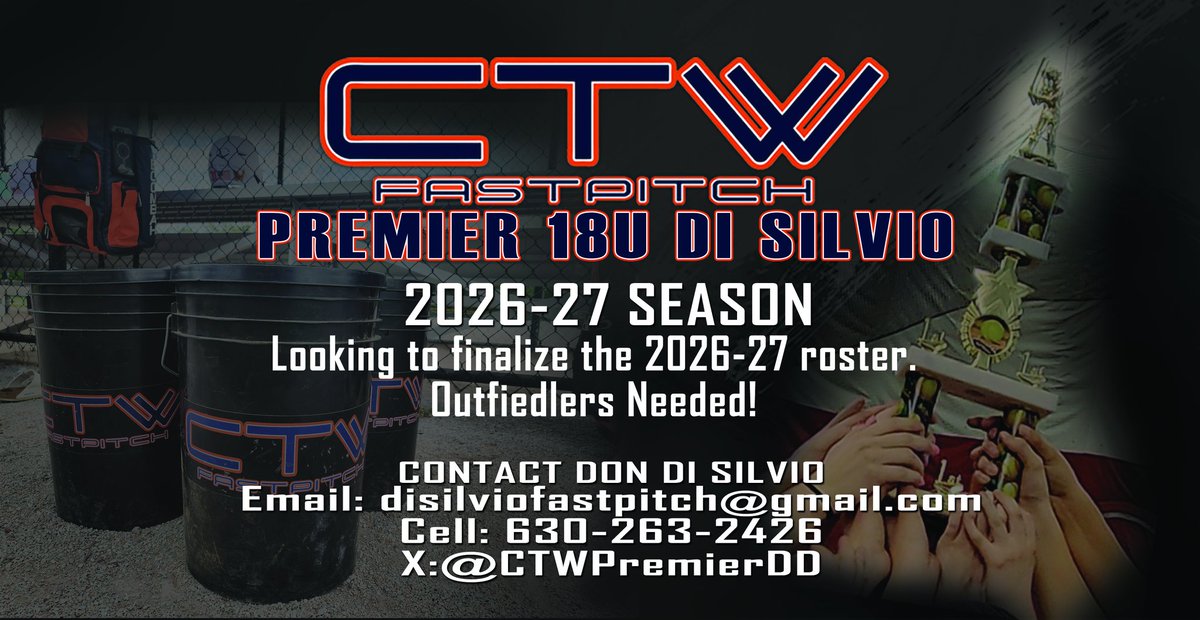 CTWPremierDD's tweet photo. 🥎 CTW Premier 18U Di Silvio is looking to add talented outfielders to our 2026-27 roster!
✔️ Competitive Schedule
✔️ College Recruiting Support
✔️ Player Development Focus
✔️ Proven Track Record of College Placement

See flyer below for contact info. https://t.co/AUfmSYJY8Q