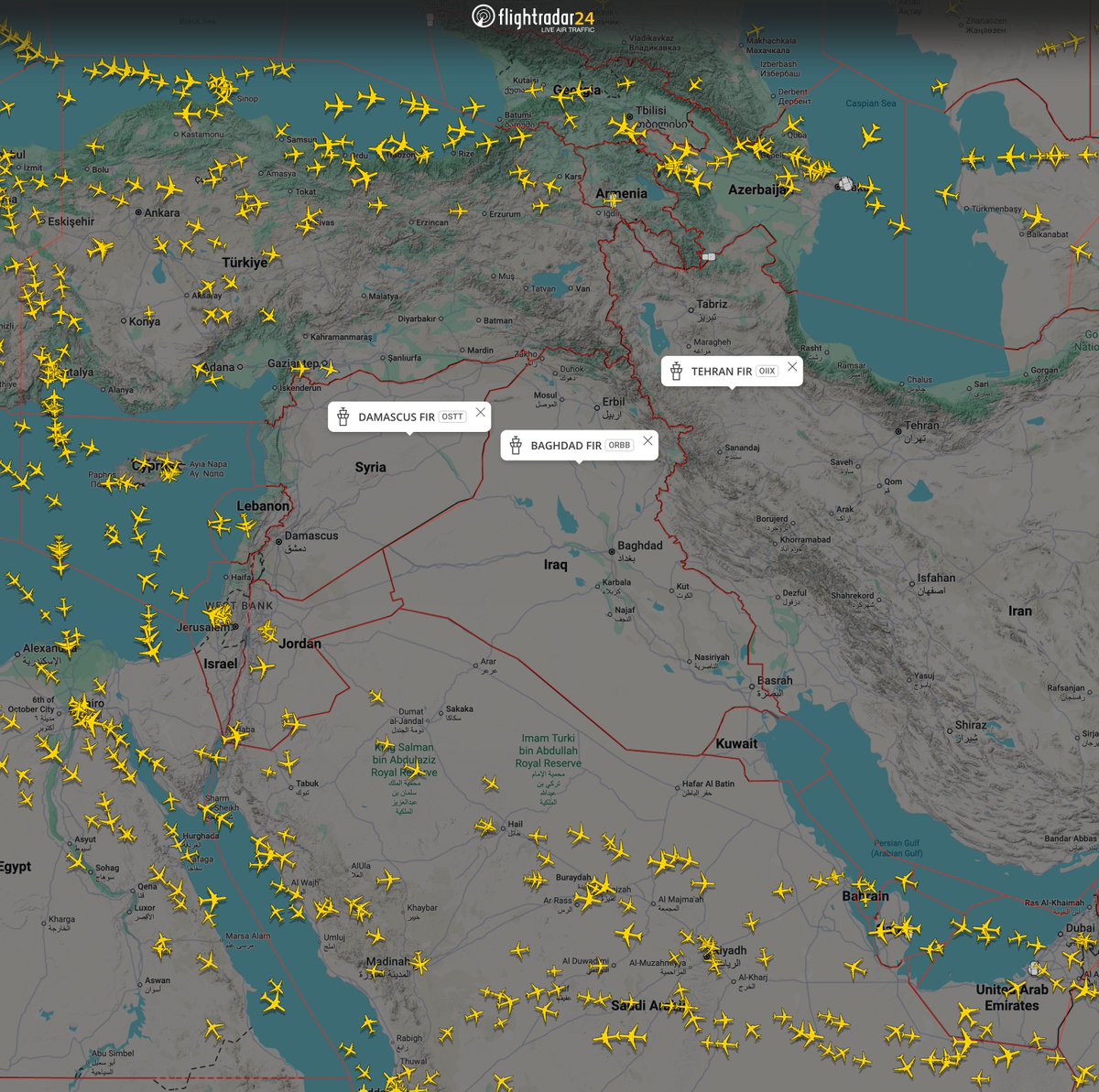 flightradar24's tweet photo. Following missile launches from Iran toward Israel, airspace in western Iran, Iraq, and Syria (with limited exceptions) is closed. https://t.co/XfQL8VPDyf
