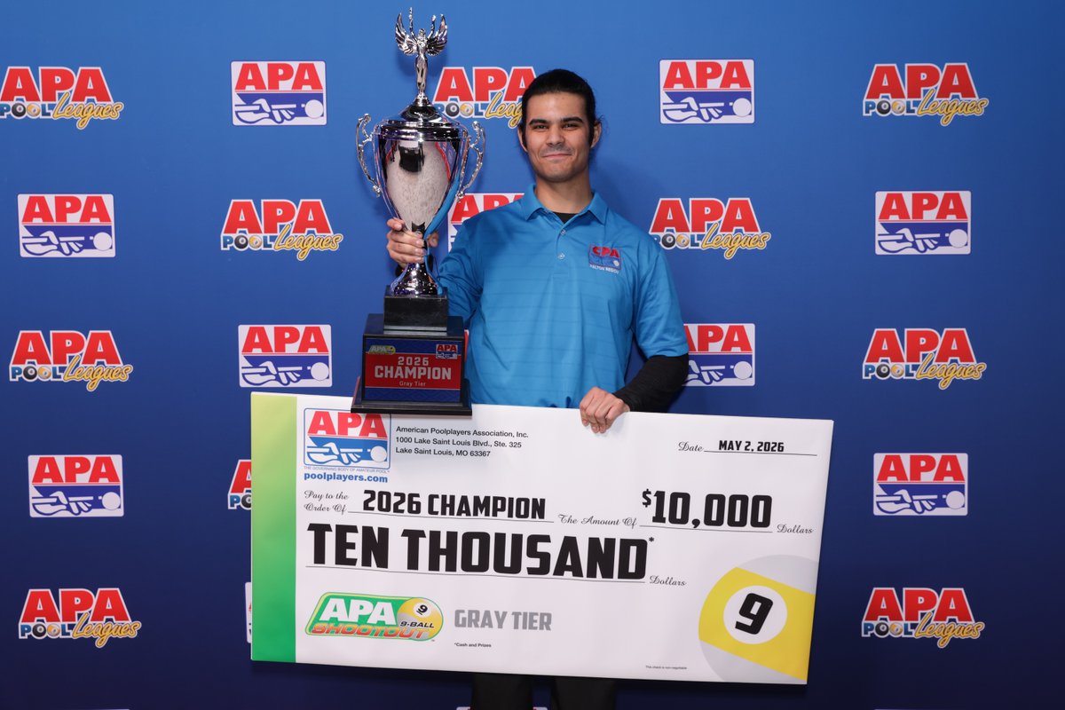 poolplayers's tweet photo. The road to Vegas ends with a trophy and a story to tell. 🏆  

Shout out to our 9-Ball Shootout Gray Tier (SL 6-7) Champion Tristan Gallo of Milton, ON and Runner-Up Dylan Ramey of Cary, NC! 👏 

#apapool #poolplayer #billiards https://t.co/gMXCNVkHWl