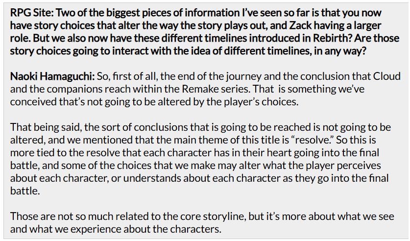 thereasonablecl's tweet photo. As Kitase-san said a few years back, he wants unresolved feelings, resolved.

One of the largest issues unresolved from the OG and expanded materials? Aerith's feelings for Cloud as per Lifestream White, which she never admits to him. 

The declaration/admission is going to be beautiful!