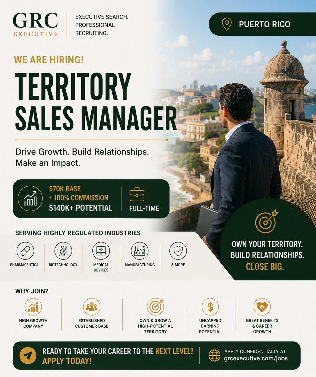 grc_executive's tweet photo. 🚨 NOW HIRING | TERRITORY SALES MANAGER 🚨 📍 Puerto Rico
This is a true hunter role for someone who enjoys prospecting, building relationships, and winning new business. Apply today: 🌐 https://t.co/pQQHdbEWcS
#SalesJobs #BusinessDevelopment #B2BSales #PuertoRicoJobs https://t.co/qn0qsSjmMN