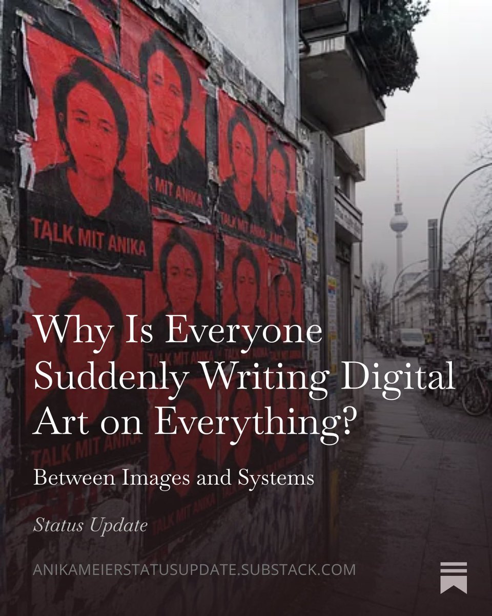 postanika's tweet photo. Why is everyone suddenly writing »Digital Art« on everything?

Perhaps the more interesting question is how the role of the artist is changing: from the author of images to the author of systems. 

I write about Thomas Demand, @matdryhurst, protocol art, and the post-artist. ↓ https://t.co/g1YL8kQ7FU