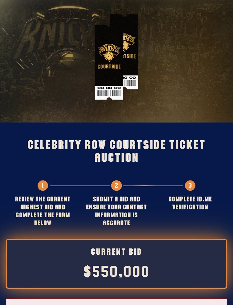 darrenrovell's tweet photo. The winner of the Knicks courtside seat auction for tomorrow night’s game will pay $550,000 for the two seats.

With the declared value of the seats at $39,600, the buyer will get a tax deduction of $510,400 for the donation to the Knicks charity. https://t.co/mhzfsEhuFW