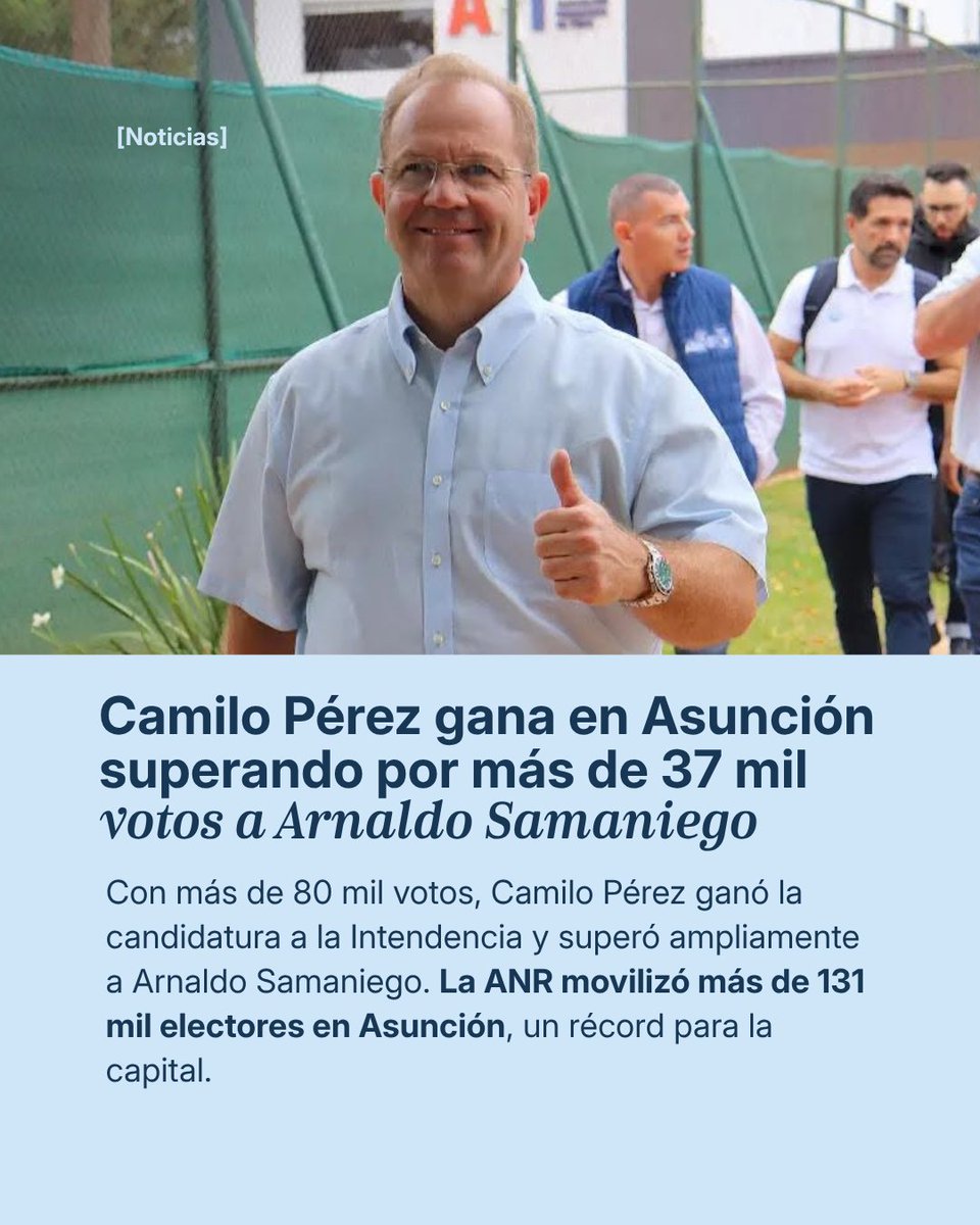 Parametronews's tweet photo. Camilo Pérez gana la interna colorada en Asunción

El candidato de Honor Colorado se impuso con amplia ventaja sobre Arnaldo Samaniego y será el postulante de la ANR para la Intendencia. Más de 130 mil electores participaron de la interna en la capital. https://t.co/jYxgguREzD
