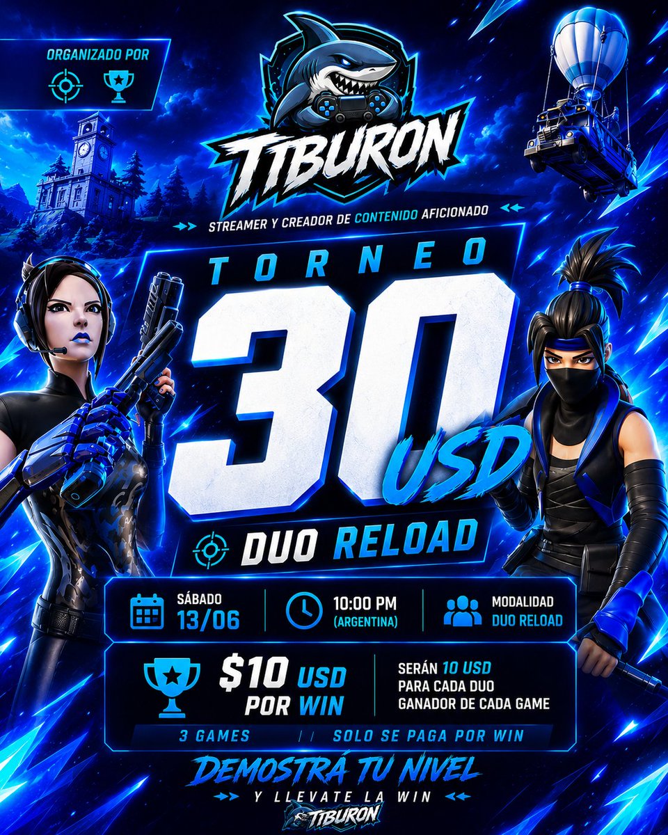 ELTIBUROMM's tweet photo. 🔥 TORNEO DUO RELOAD - 30 USD EN PREMIOS 🔥

¿Creés que vos y tu dúo tienen lo necesario para dominar Reload? 👀

💙 Este Sábado 13/06
🕙 22:00 hs (Argentina)
🎮 Modalidad: DUO RELOAD
💰 30 USD EN TOTAL
🏆 10 USD POR CADA WIN
📌 Serán 3 partidas y cada victoria tendrá premio. https://t.co/SgxPGgeZgn