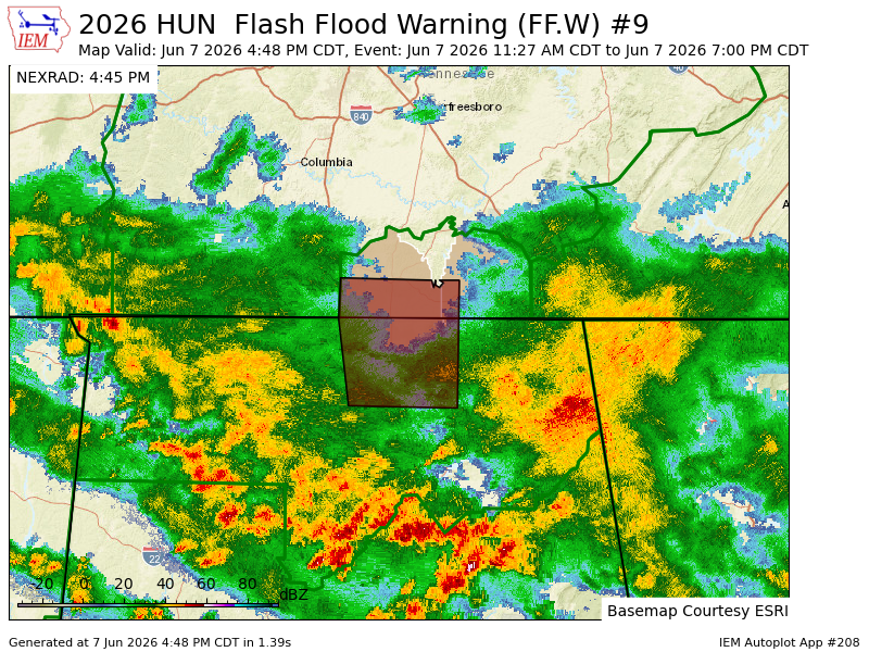 ALRadarCenter's tweet photo. HUN extends time of Flash Flood Warning [flash flood: observed] for Jackson, Limestone, Madison [AL] and Franklin, Lincoln [TN] till Jun 7, 7:00 PM CDT https://t.co/dZOouyhD6X https://t.co/mOQfV0LrZp