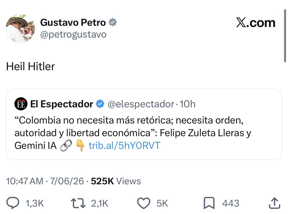 EliCrH's tweet photo. Hace un año posteaba “No pasarán” justo antes del atentado en contra de Miguel Uribe y hoy postea “Heil Hitler”.

Es un demente. https://t.co/I3BojT8Qqk