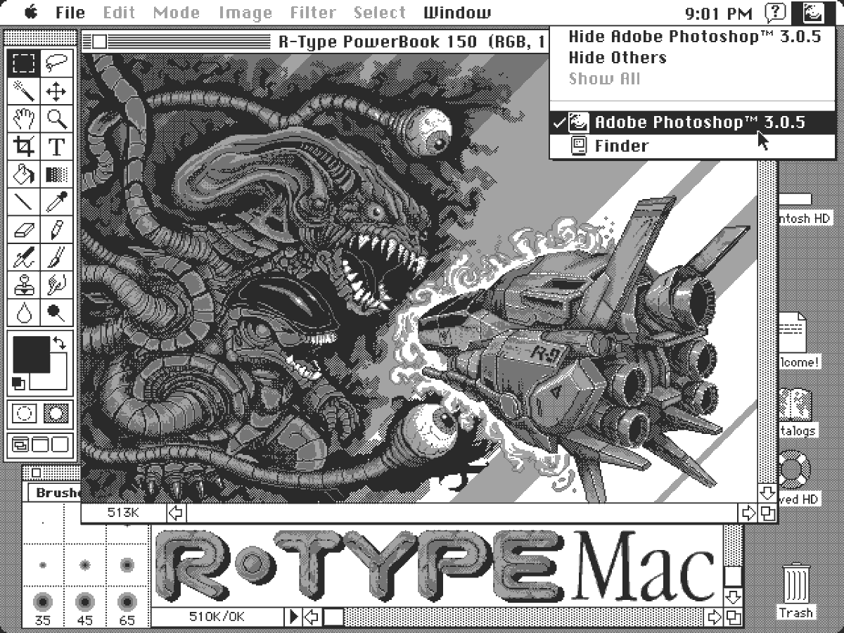 alan_mealor's tweet photo. R-Type Mac
Made to look like it was created on a Mac PowerBook 150 using Photoshop 3.
The PowerBook 150 could only display 2bit graphics (my favourite colour palette) and Photoshop 3 was the first version of Photoshop I learnt.
Painted in #Pixquare #pixelart #rtype #macOS7 https://t.co/ncaAiaUs7C