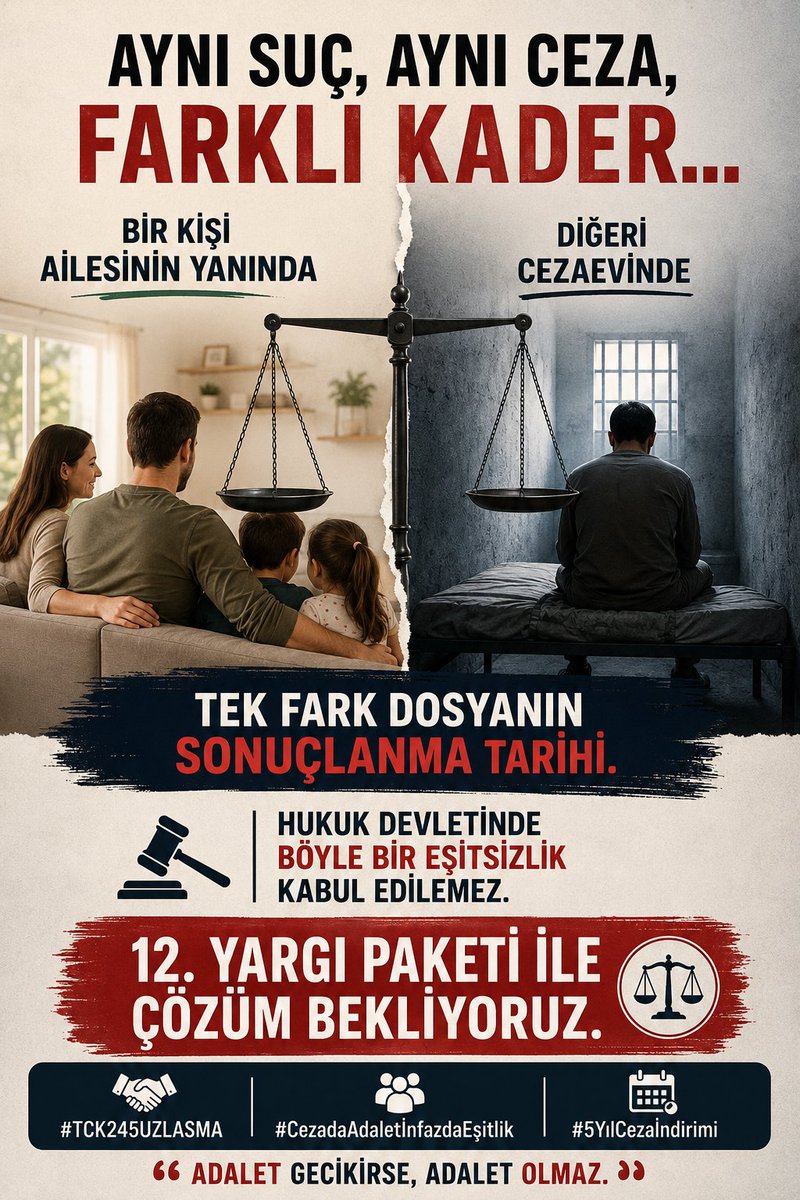 ercaneroglu369's tweet photo. Adalet, aynı durumda olan insanlara aynı şekilde uygulanmalıdır. Dosyası erken biten yararlanıyor, geç biten yararlanamıyor. Bu durum hukukta eşitlik ilkesini zedeliyor. 12. Yargı Paketi ile mağduriyetler giderilmelidir. #TCK245UZLASMA #CezadaAdaletİnfazdaEşitlik #5YılCezaİndirimi