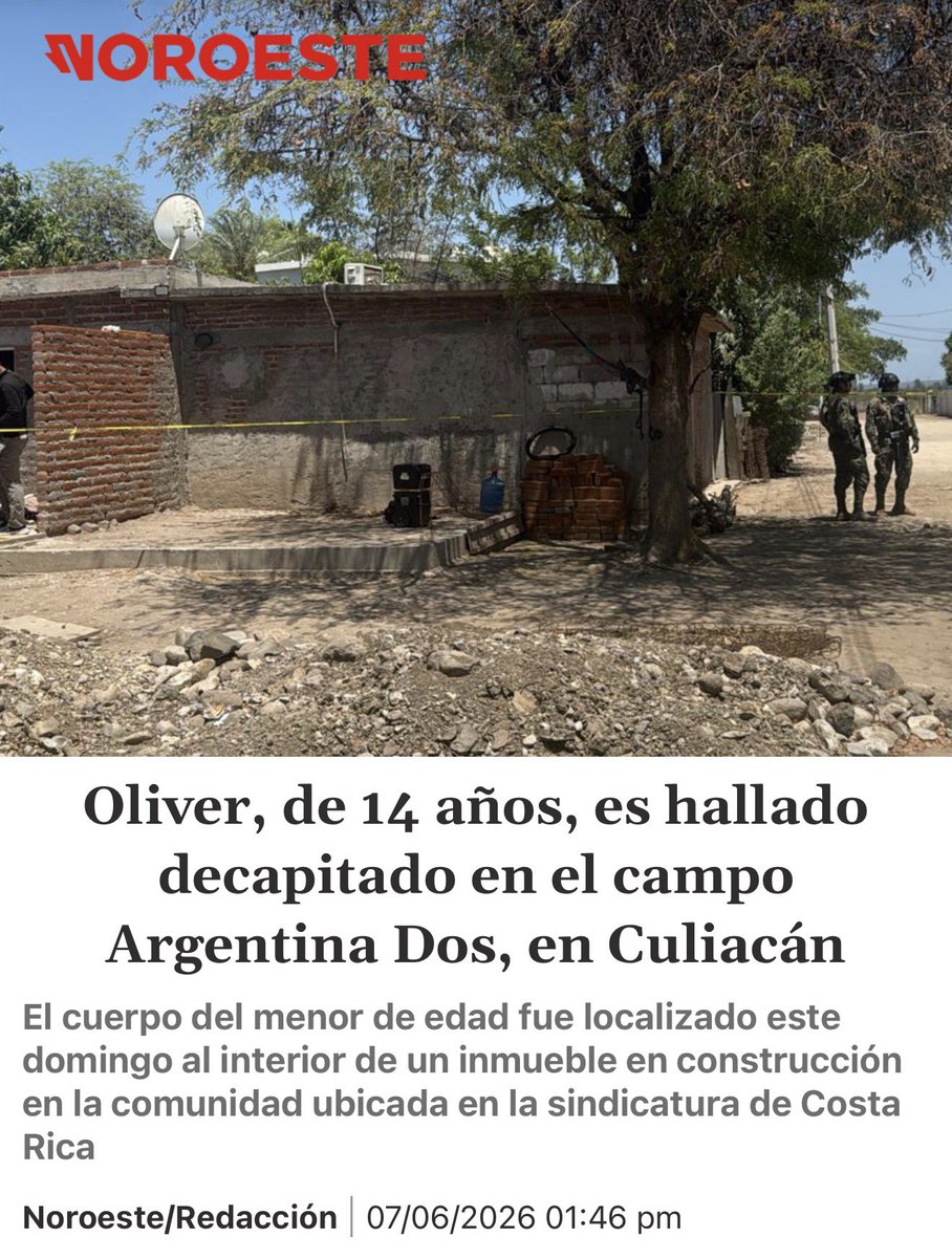 AdrianLopezMX's tweet photo. En Sinaloa la guerra sigue y la barbarie es uno de sus rasgos más terribles👇

Oliver, de 14 años, es hallado decapitado en el campo Argentina Dos, en Culiacán

Nota: https://t.co/sIg5YmmZ7C https://t.co/yS1kLPKdCT