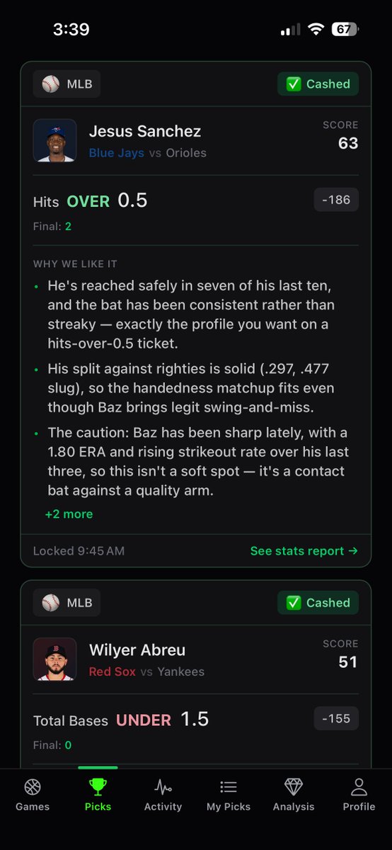 statpickai's tweet photo. MLB Agent Picks went 4-0 today 🔥

AI Parlays also provided a ✅ +563 banger

#GamblingX #MLBProps https://t.co/1SLFfhaR63