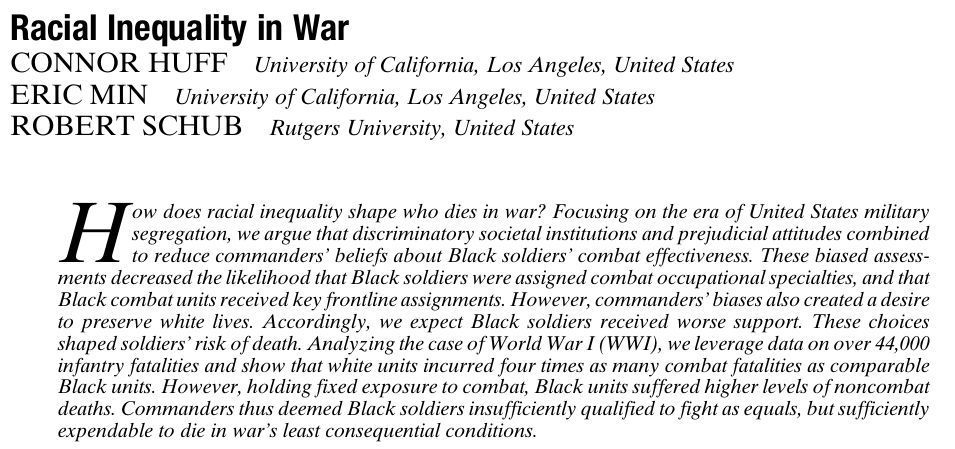 apsrjournal's tweet photo. From our May Issue: Racial Inequality in War by CONNOR HUFF, @notEricMin and ROBERT SCHUB. https://t.co/N5VgTlHRGf https://t.co/gAcfmY7TJq